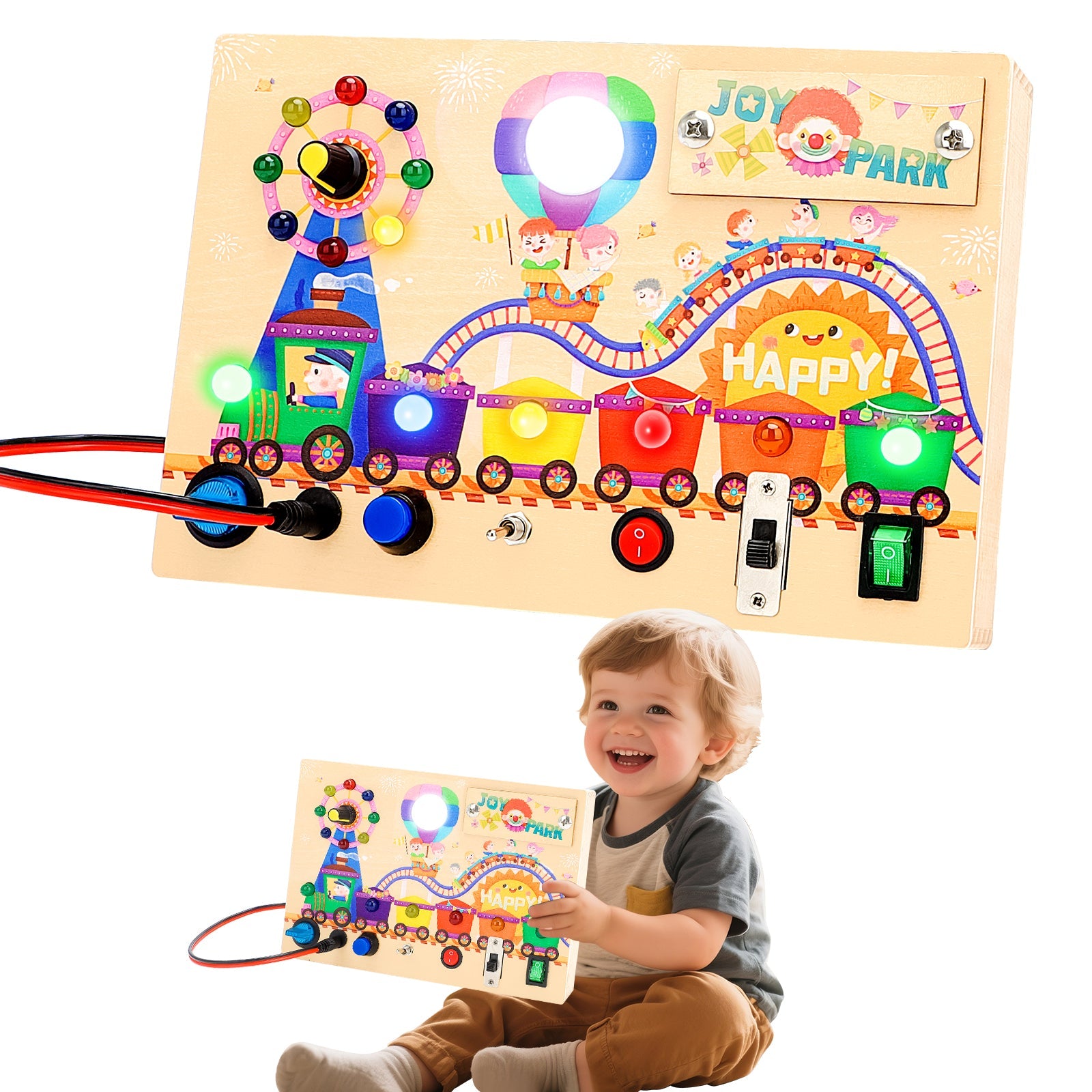 Montessori Wooden Busy Board -Light-Up Sensory Activity Toy for Toddlers, Fine Motor Skills Learning Toy for Ages 1-4, Travel-Friendly Fidget Board for Boys & Girls