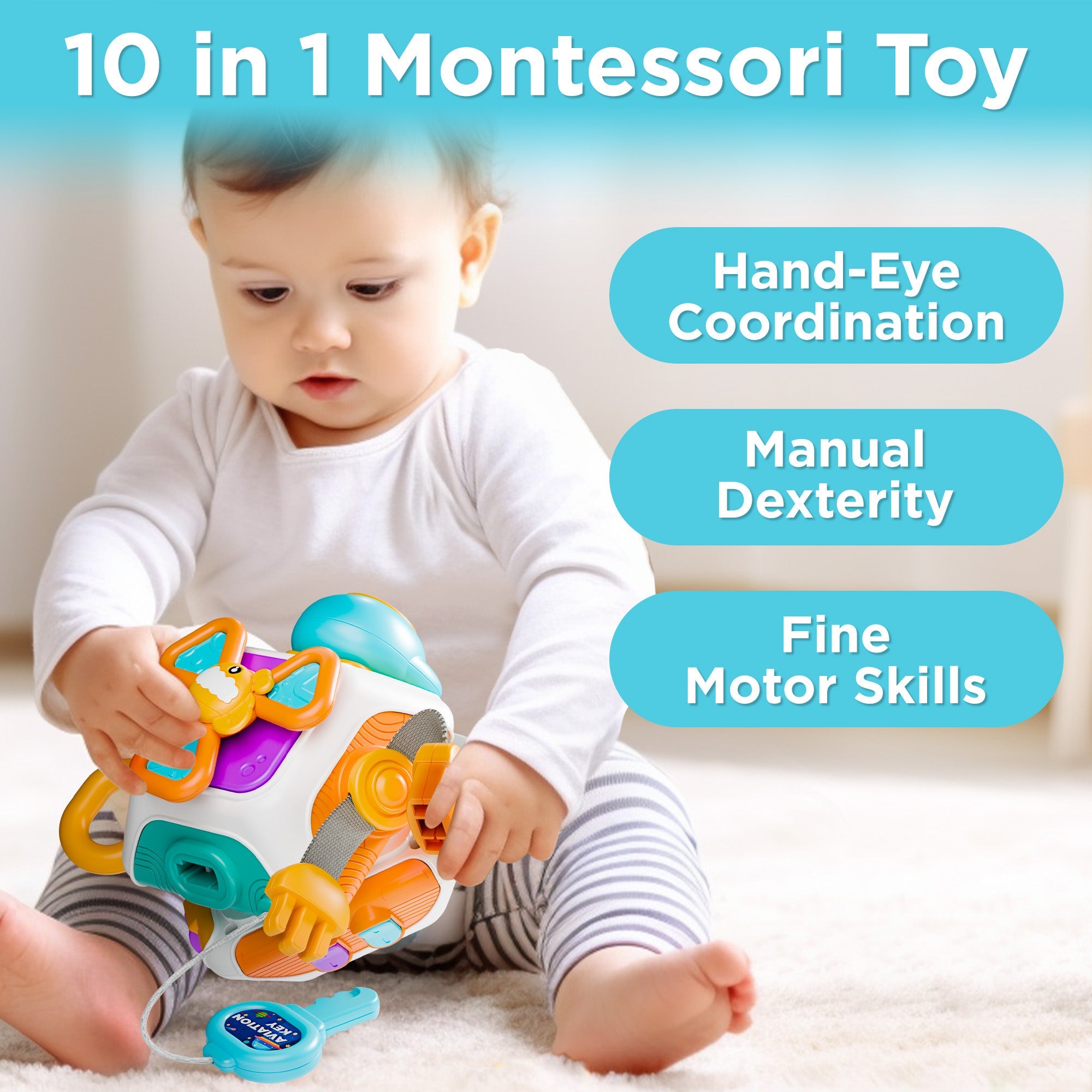Baby Busy Board Cube, Montessori Sensory Toys for Toddler 1-3, Infant Carseat Plane Travel Toy