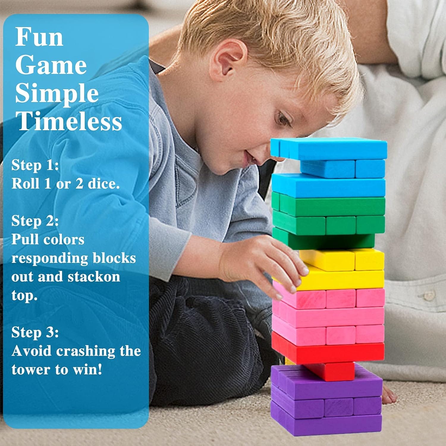 Wooden Colorful Jenga Stacking Tower Family Game - 48 pieces