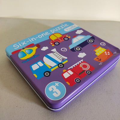 Fidtoy 6-in-1 Jigsaw Puzzle with Number Transport Tin Box for Kids, Transport Theme Number Recognition Puzzle Set, Progressive Toddler Learning Puzzle Age 2–6