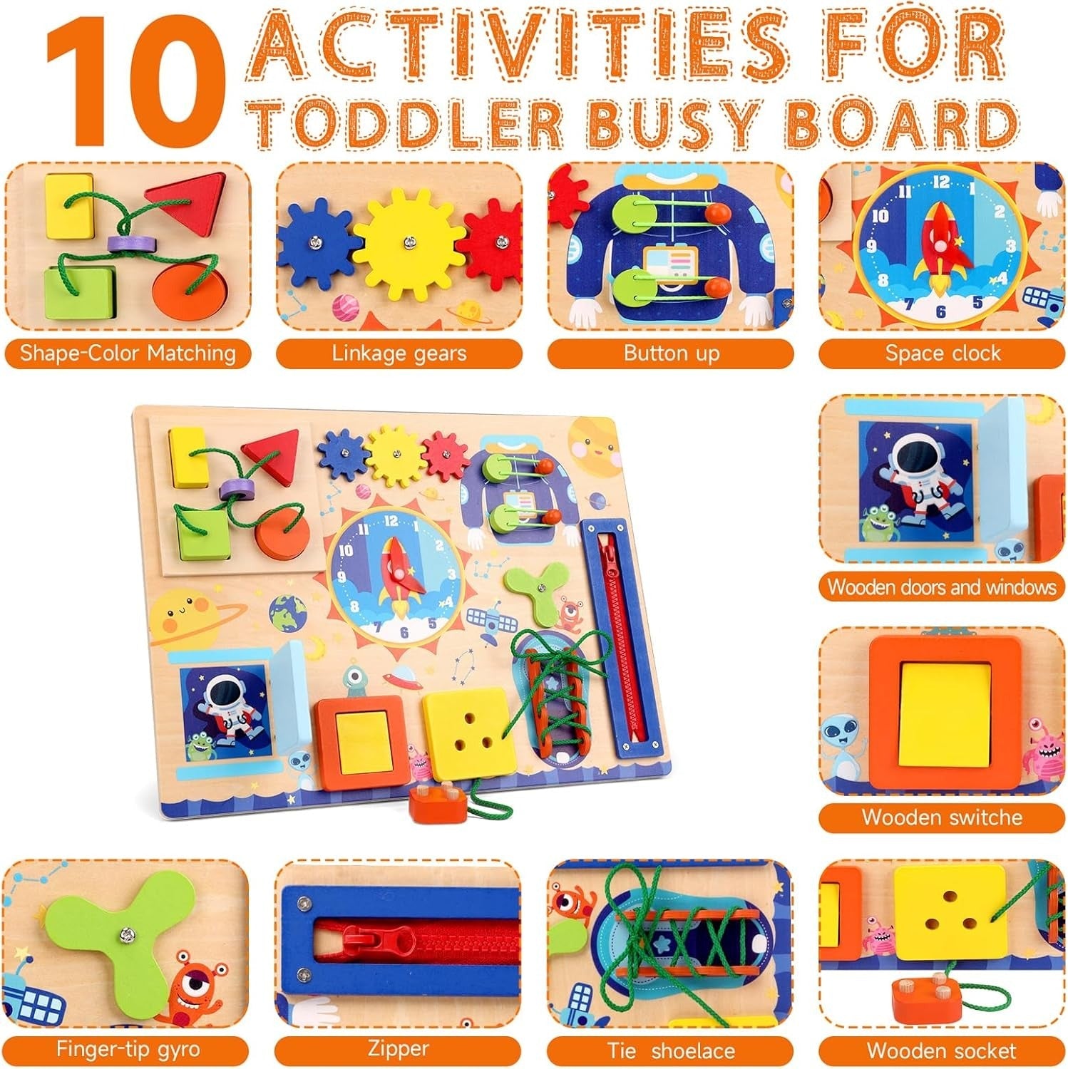 10in1 Wooden Sensory Busy Board Activity for Toddlers - A02