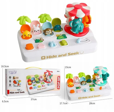 Fidtoy Pop Up Hide and Seek Animal Puzzle for Kids Interactive Animal Carousel Toy with Shape Buttons Fine Motor Play Ages 3+