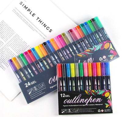 Colorful Outline Gel Markers Non Toxic - 12 Pieces