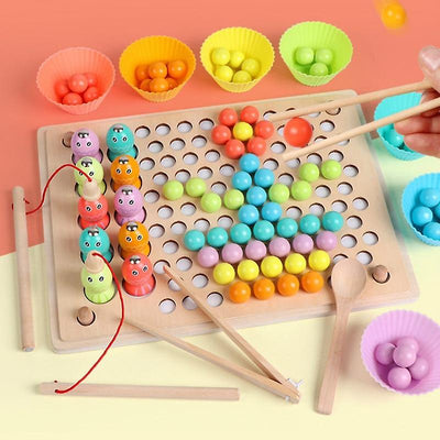 Jeu de pêche magnétique en bois 3 en 1 avec support de perles colorées