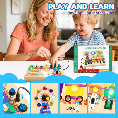 Fidtoy Montessori Busy Board de madera - Juguete sensorial iluminado para niños pequeños, juguete de aprendizaje de habilidades motoras finas para edades de 1 a 4 años, tabla de motricidad fina portátil para niños y niñas