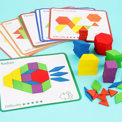 Fidtoy 155-Piece Wooden Pattern Blocks Puzzle for Kids – STEM Learning Toy, Montessori Early Education, Colorful Geometric Shapes