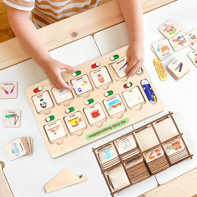 Montessori Wooden Visual Schedule for Kids - Daily Routine Board for 3-6 Years Old