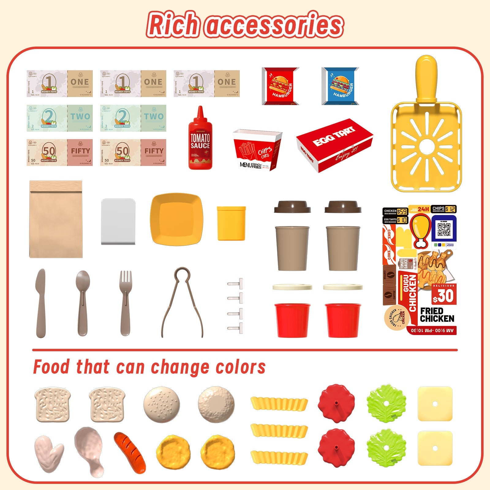 Mini Kitchen Playset Fried Chicken Shop Toy with Color-Changing Food, Burgers, Fries,Cash Register | Pretend Cooking Role Play Set for Kids