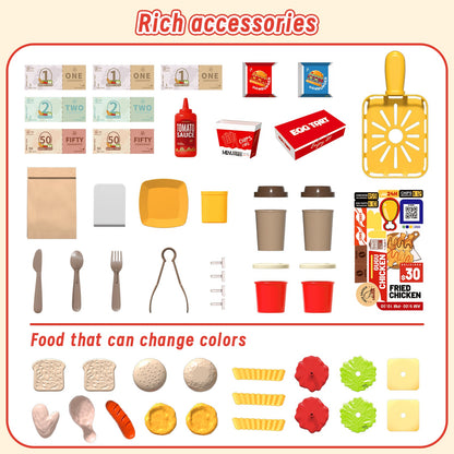 Mini Kitchen Playset Fried Chicken Shop Toy with Color-Changing Food, Burgers, Fries,Cash Register | Pretend Cooking Role Play Set for Kids