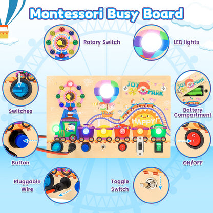Montessori Wooden Busy Board -Light-Up Sensory Activity Toy for Toddlers, Fine Motor Skills Learning Toy for Ages 1-4, Travel-Friendly Fidget Board for Boys & Girls