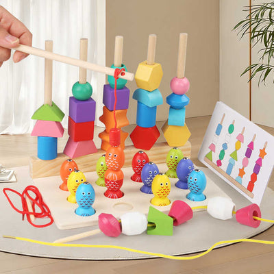 Jeu de laçage et de pêche avec cinq ensembles de colonnes de formes en bois - 003