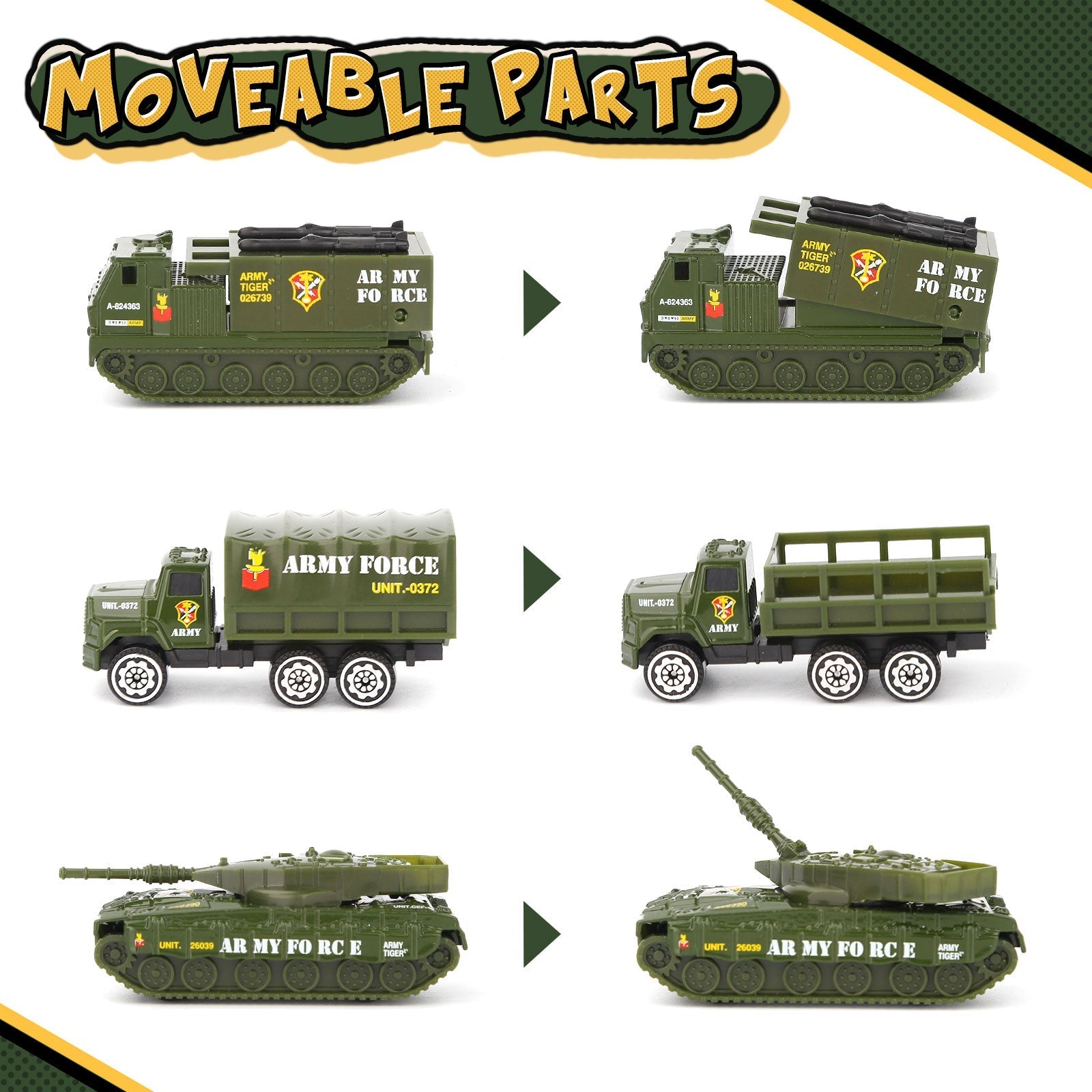 Lot de 6 Véhicules Militaires Moulés sous Pression – Comprenant des Mini Chars, des Camions Militaires et des Modèles d'Hélicoptères pour Enfants