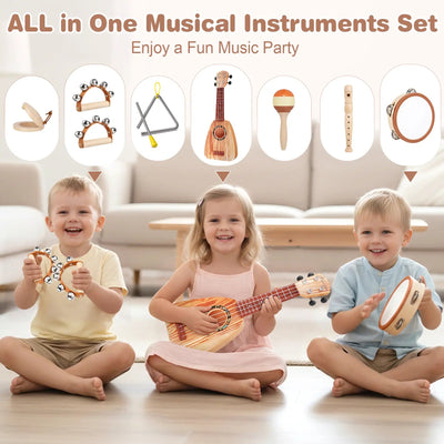 Fidtoy Ensemble d'instruments de musique 7 pièces pour tout-petits - Ukulélé et jouets d'apprentissage du rythme pour enfants