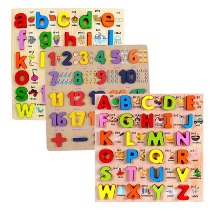 3D Wooden Alphabet & Number Board Combo – Capitals, Lowercase & Pictures