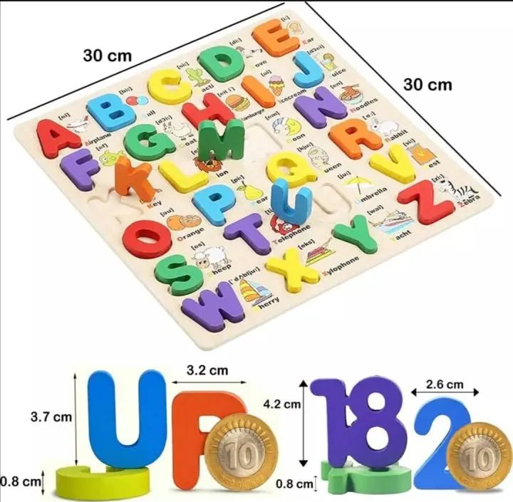 3D Wooden Alphabet & Number Board Combo – Capitals, Lowercase & Pictures