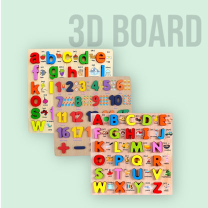 3D Wooden Alphabet & Number Board Combo – Capitals, Lowercase & Pictures