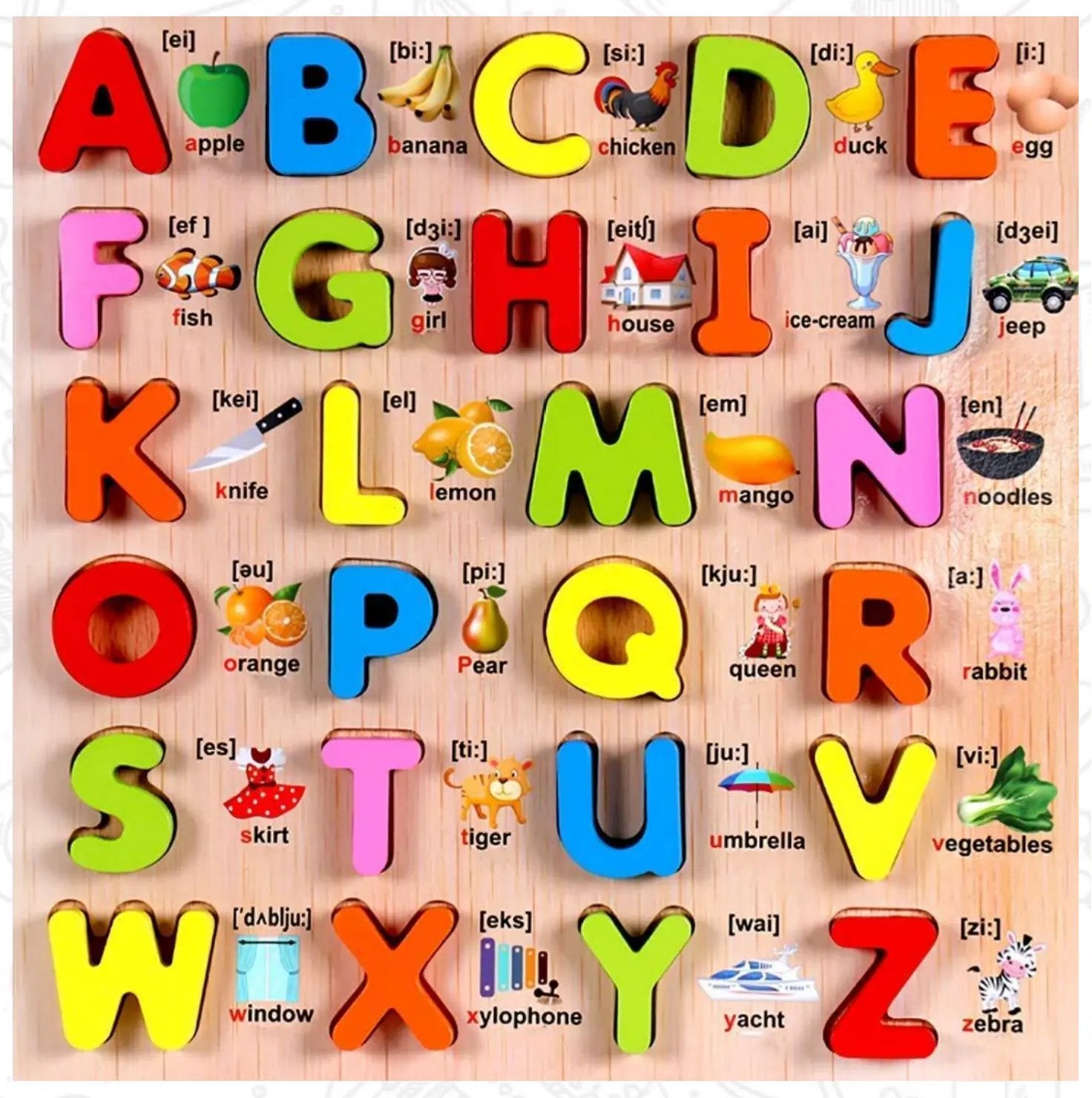 3D Wooden Alphabet & Number Board Combo – Capitals, Lowercase & Pictures