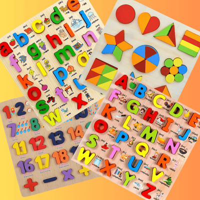 Tableau alphabet 3D avec image imprimée, lettres majuscules, minuscules, chiffres et formes - Combo 4 en 1