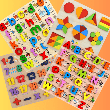 3D Alphabet Board with picture print, Capital, Small, Number and Shapes board - 4 in 1 Combo