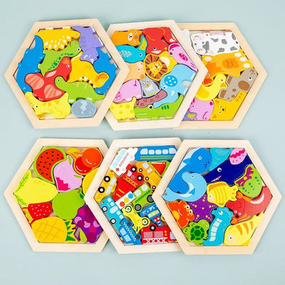 3D Hexagon Puzzle Board Colorful Wooden Cartoon Mammals Fruits Vehicles Dinosaur
