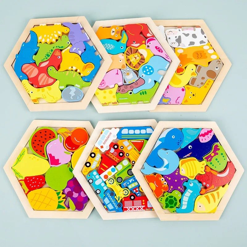3D Hexagon Puzzle Board Colorful Wooden Cartoon Mammals Fruits Vehicles Dinosaur