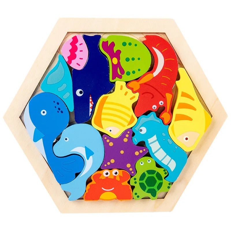 3D Hexagon Puzzle Board Colorful Wooden Cartoon Mammals Fruits Vehicles Dinosaur