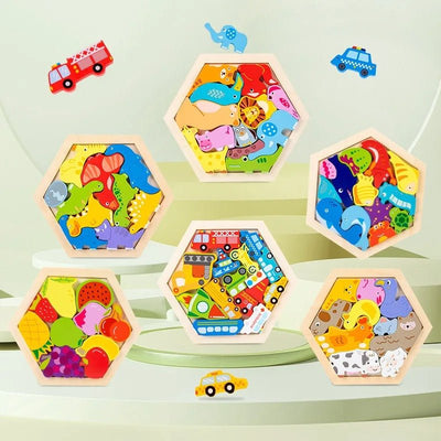 3D Hexagon Puzzle Board Colorful Wooden Cartoon Mammals Fruits Vehicles Dinosaur