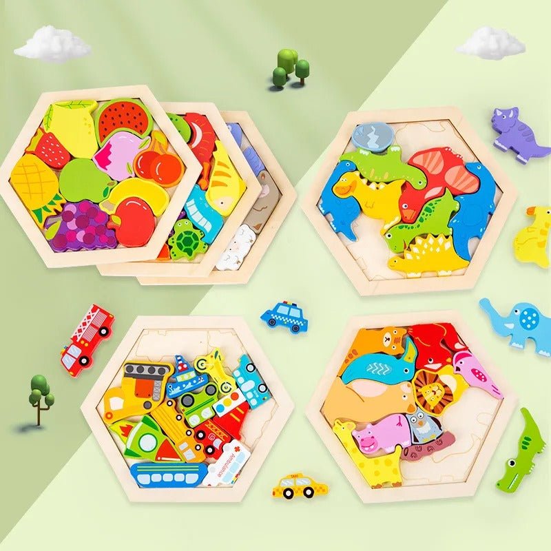 3D Hexagon Puzzle Board Colorful Wooden Cartoon Mammals Fruits Vehicles Dinosaur