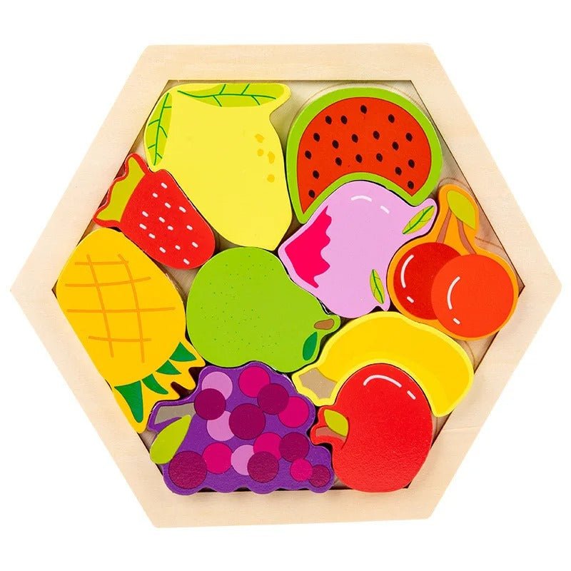 3D Hexagon Puzzle Board Colorful Wooden Cartoon Mammals Fruits Vehicles Dinosaur