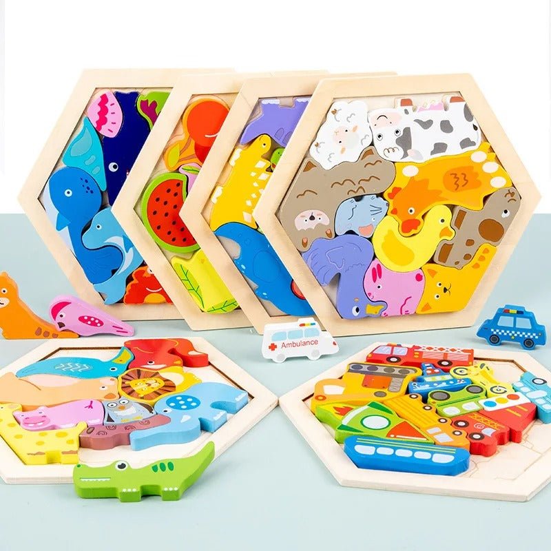 3D Hexagon Puzzle Board Colorful Wooden Cartoon Mammals Fruits Vehicles Dinosaur