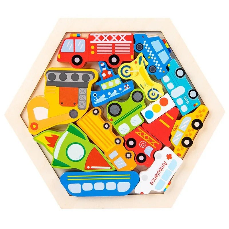 3D Hexagon Puzzle Board Colorful Wooden Cartoon Mammals Fruits Vehicles Dinosaur