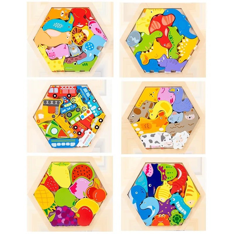 3D Hexagon Puzzle Board Colorful Wooden Cartoon Mammals Fruits Vehicles Dinosaur