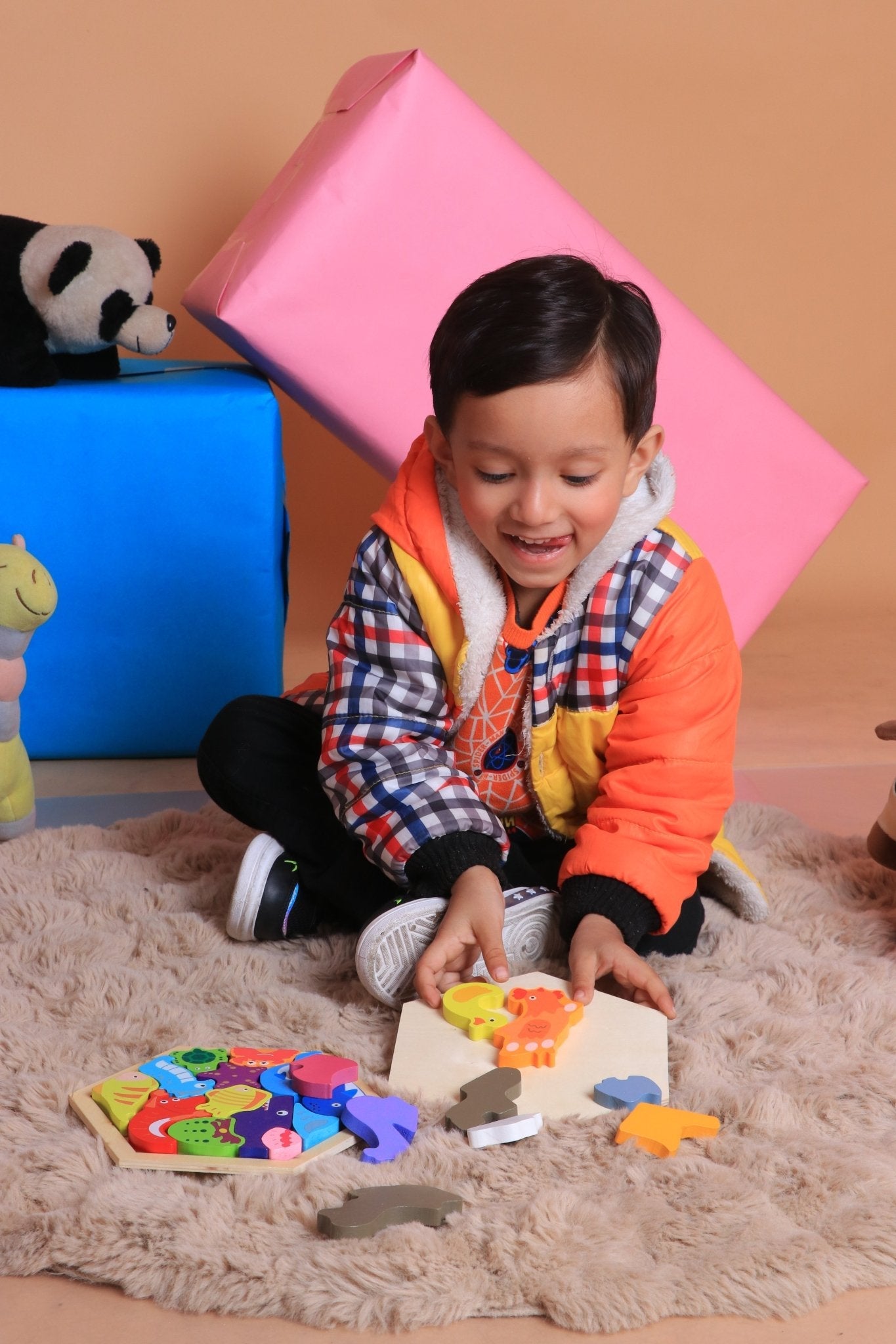 3D Hexagon Puzzle Board Colorful Wooden Cartoon Mammals Fruits Vehicles Dinosaur