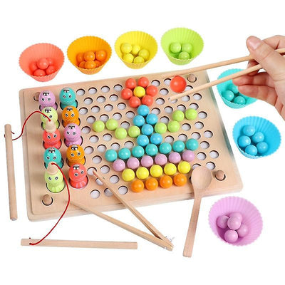 Jeu de pêche magnétique en bois 3 en 1 avec support de perles colorées