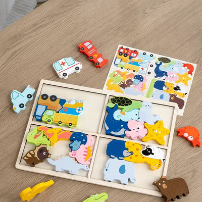 Tabla de puzles de madera 4 en 1 | Animales, vehículos, dinosaurios y vida marina
