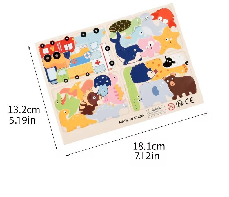 4-in-1 Wooden Matching Puzzle Board | Animals, Vehicles, Dinosaurs & Sea Life