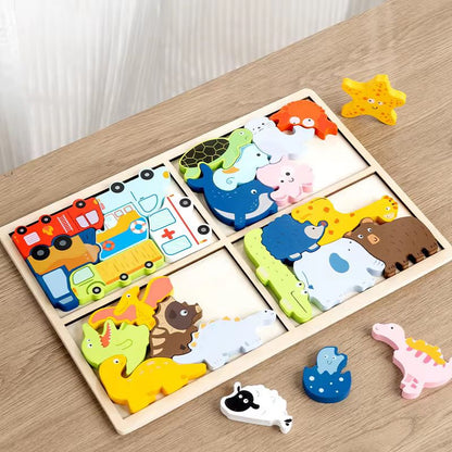 4-in-1 Wooden Matching Puzzle Board | Animals, Vehicles, Dinosaurs & Sea Life