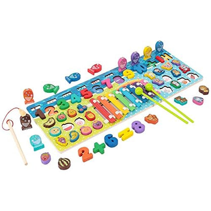 MontyMaestro - Wooden Busy Board with Number Puzzle for Kids Fishing Game Animal Puzzle Animal Food Puzzle Xylophone for Kids_ Activity Toy for Kid Early Educational Toy for Age 1-4 Years