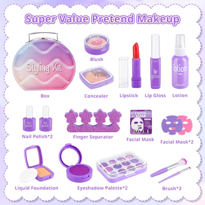 Girls Pretend Makeup Kit with Carry Case My First Kids Makeup Playset for Toddlers Safe Mess-Free Fake Makeup Complete Playset for Imagination Role Play Early Learning Perfect Gift for Girls 3+