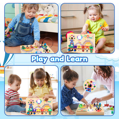 Montessori Wooden Busy Board -Light-Up Sensory Activity Toy for Toddlers, Fine Motor Skills Learning Toy for Ages 1-4, Travel-Friendly Fidget Board for Boys & Girls