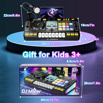Kids DJ Mixer Music Toy with Microphone DJ Controller with Launchpad, Light-Up Keys, Sound Effects, Bluetooth Function Educational Musical Toy for Boys Girls Ages 3+ Kids Mixer Music Toy