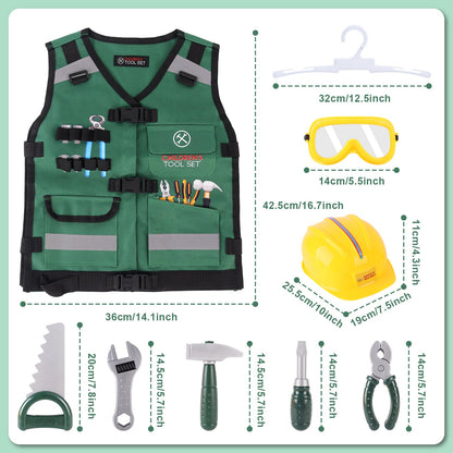 Role Play Clothes Set Construction Role Play Costume Realistic Builder Vest, Safety Helmet, Toy Tools & Accessories- STEM Pretend Play Kit for Boys and Girls Ages 3+ - Dress-Up Gift
