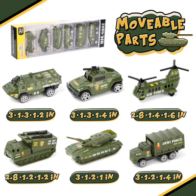 6PCS Diecast Military Vehicles Toy Set – Featuring Mini Tanks, Army Trucks and Helicopter Models for Kids
