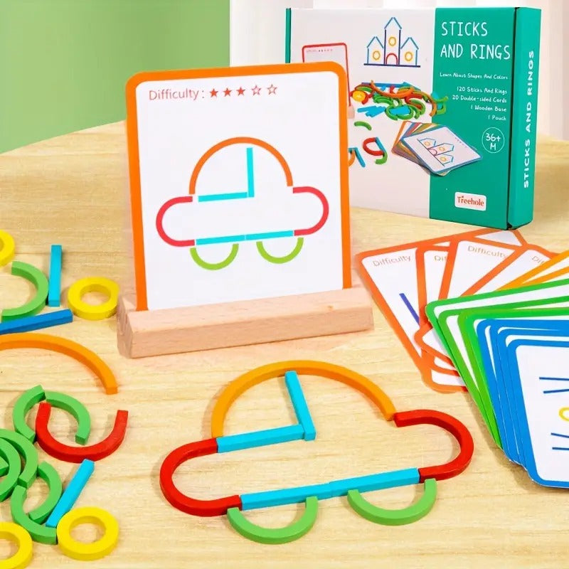 Wooden Sticks and Rings Pattern Matching Puzzle Cards - D41