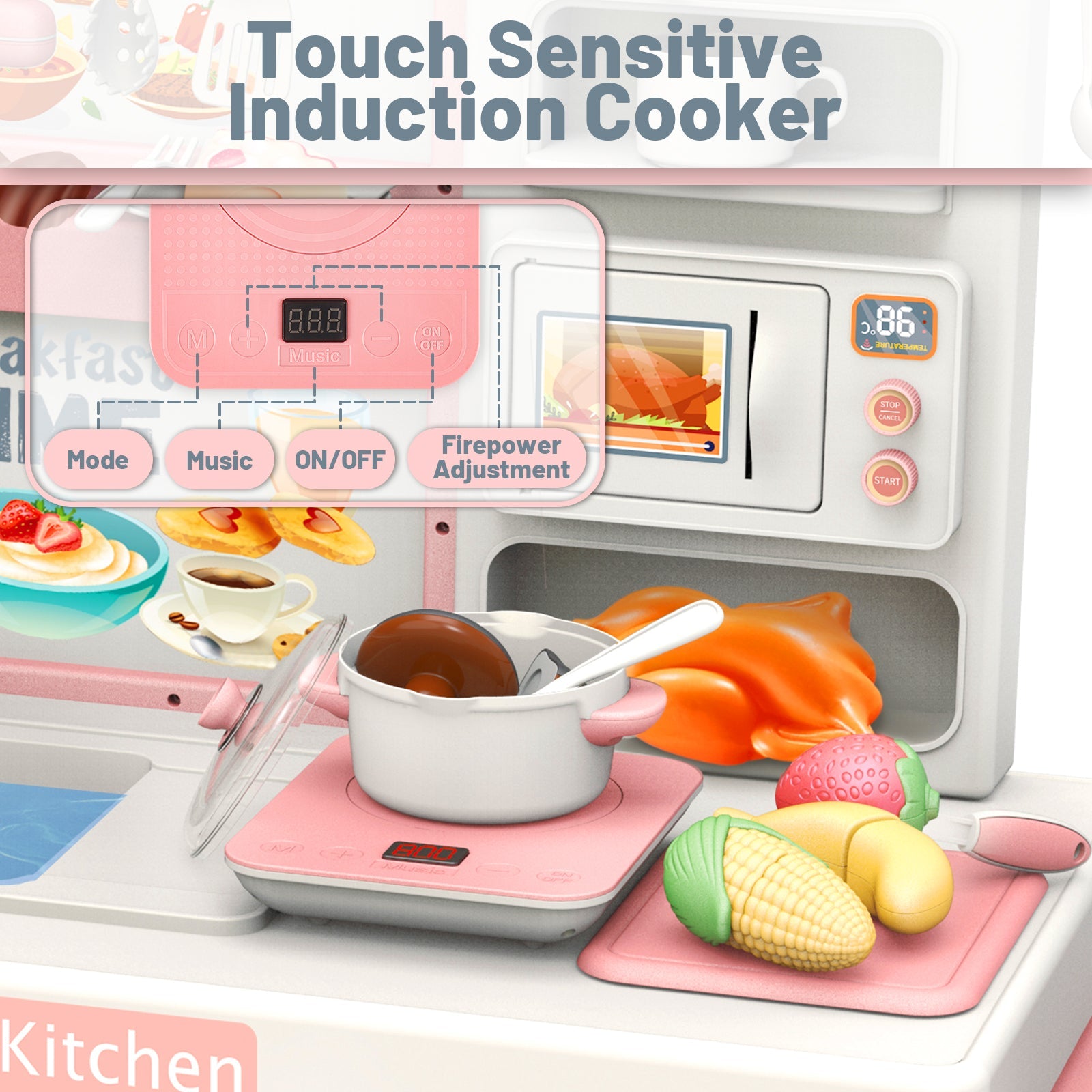 Juego de cocina de juguete de simulación para niños con luz y sonido, con placa de inducción, fregadero electrónico, cafetera, microondas y juguete de cocina para niños.