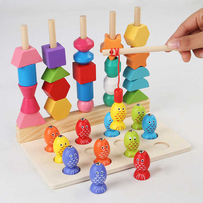 Jeu de laçage et de pêche avec cinq ensembles de colonnes de formes en bois - 003