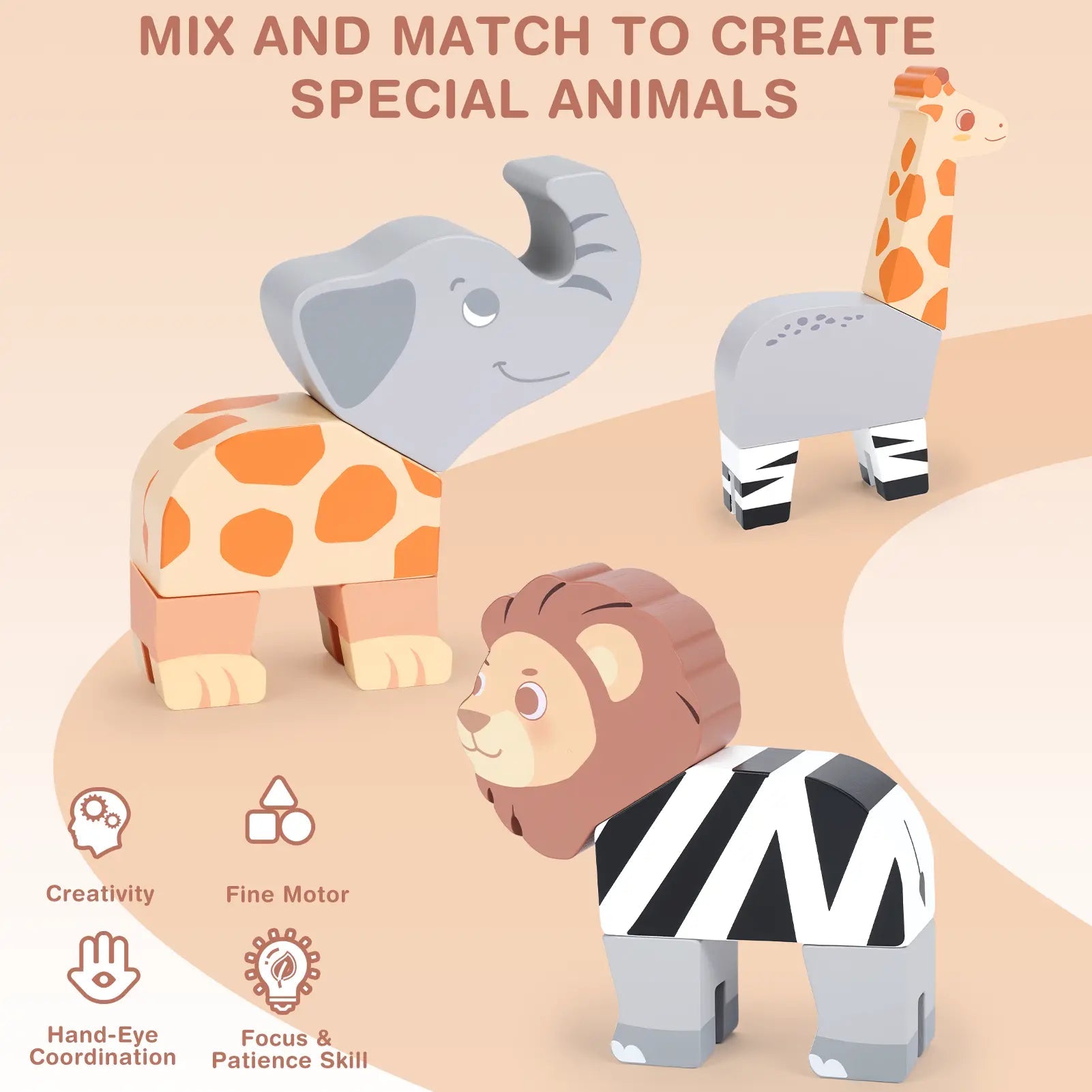 Fidtoy 16 pièces Animaux de la jungle magnétiques à assembler pour les 1-5 ans