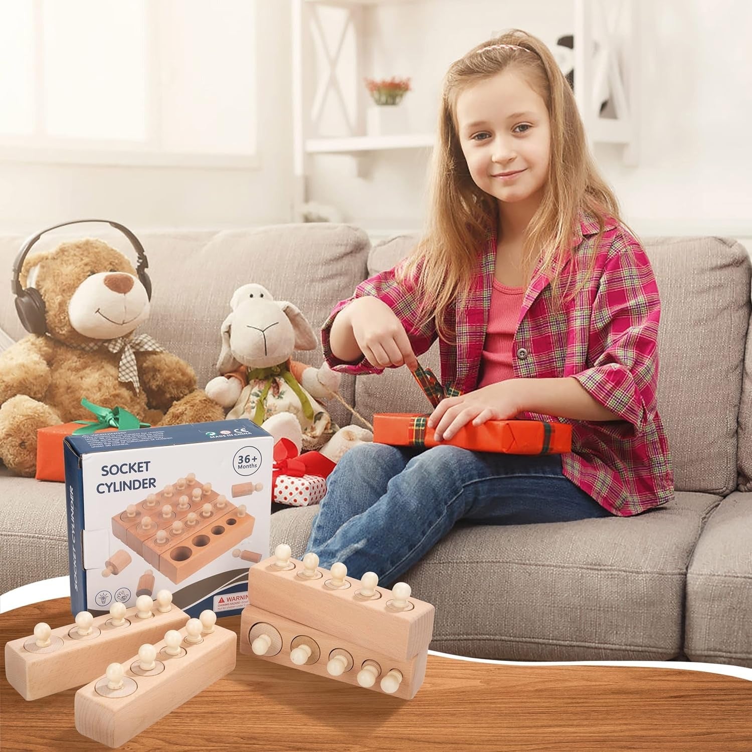 4in1 Montessori Wooden Knobbed Cylinder Socket - 085