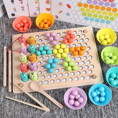 Jeu de pêche magnétique en bois 3 en 1 avec support de perles colorées