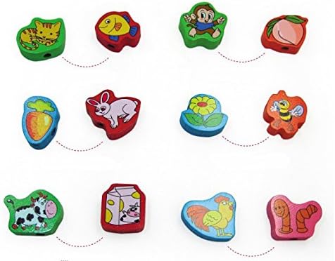 63 Piece Colorful Wood Animal Pair On The Rope Lacing Beads Early Teaching Toy